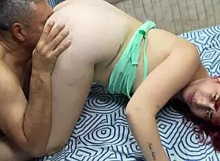 amateur couple starts with stepdad sucking and fucking stepdaughter pussy in bedroom with big ass and chubby curves.