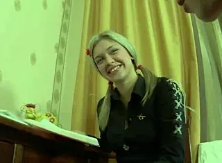 beauty blonde girl rides big cock on bed