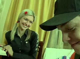 beauty blonde girl rides big cock on bed