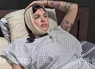 I visited my doctor for help with solo masturbation. He assisted with fingering and cum on my petite tattooed body in the bedroom.