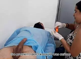 Doctora massages patient verga to enlarge it then gets excited wanting full rough penetration in missionary doggystyle with curvy milf bodybuilder mommy