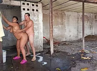 my stepmom catches me watchin her takin an outdoor shower