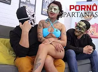 Annie Sits on Presenter's Lap for Interview While Humiliating Cuckold with Interracial Cowgirl Ride