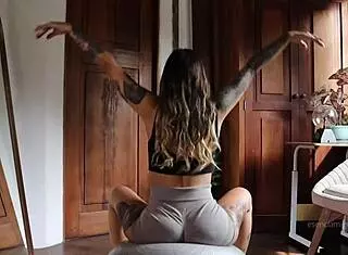 Got horny during yoga stretching in short pants wet my clothes then fingered ass with buttplug