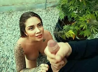 Sexy hot outdoor blowjob ends with cumshot from Sara Blonde