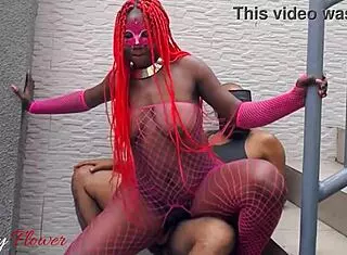 Ass licking on outdoor stair quickly turned into intense ebony dick riding action