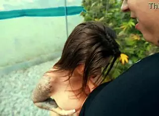 Sexy hot outdoor blowjob ends with cumshot from Sara Blonde