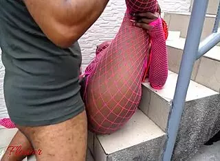Ass licking on outdoor stair quickly turned into intense ebony dick riding action