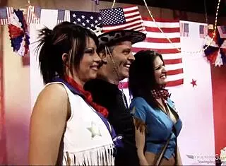 Do you see these two amazing chicks riding cocks in 4some with cum on big tits?