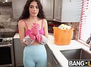 Cute brunette maid teen 18+ cleans with small tits exposed