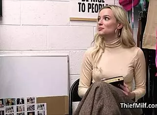 hey, this milf got caught with stolen dildos and drops to her knees in the office