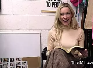 hey, this milf got caught with stolen dildos and drops to her knees in the office