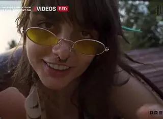 pervertida shows tits on beach and fucks hard among rocks