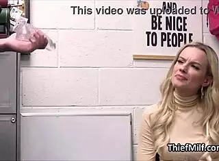 hey, this milf got caught with stolen dildos and drops to her knees in the office