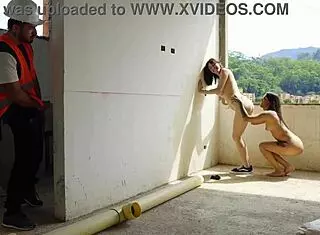 hey, these exhibitionist sluts get fucked by the construction worker on the rooftop after passionate office orgy action