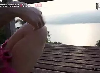 pervertida shows tits on beach and fucks hard among rocks