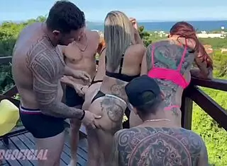 I joined this wild outdoor group session at the Florianopolis beach house with sexy blonde and redhead wives