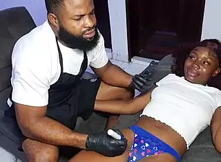 female client requests big dick fuck after tattoo on narrow ass and pussy