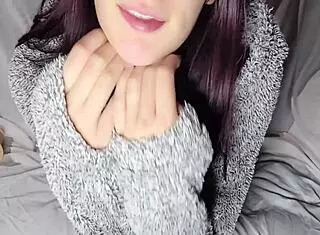 petite girlfriend in fleece jacket teases with tight pussy and dildo for solo orgasm at home