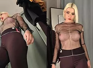 Hidden camera SPIES on blonde MILF with big tits and no panties in changing room.