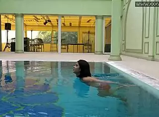 Lady Dee, cute shy Czech teen, swims in pool. She teases with tight petite body and juicy small tits outdoors.