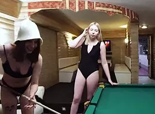kira viburn and emma korti turn wild college party into hot threesome on billiards table
