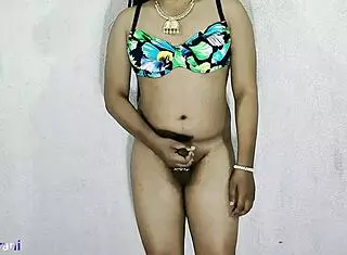 Indian Shemale Crossdresses in Blue Bikini for Solo Session