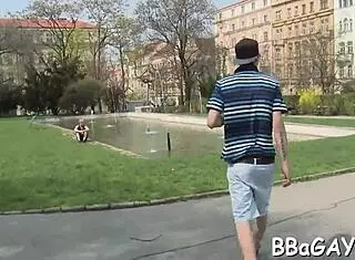 That's one huge knob in this gay porn blowjob contest with bareback action.