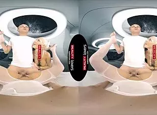 hey, let's dive into this wild threesome with blonde big tits deepthroat and pussy licking in space