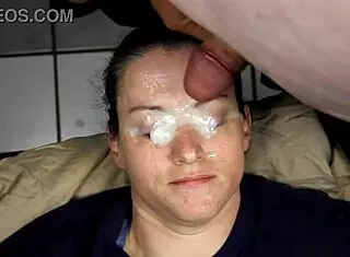 Huge homemade facial blasts cum right into her eyes with close-up double shots and dirty talk action.