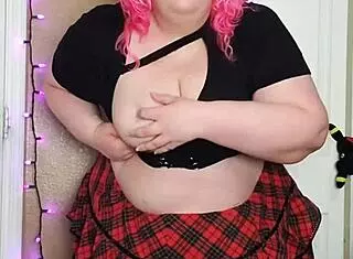 Hairy chubby bbw spreads wet pussy solo in miniskirt