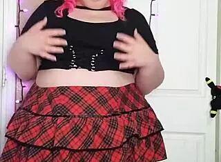 Hairy chubby bbw spreads wet pussy solo in miniskirt