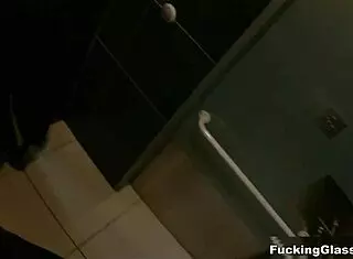 Teen in glasses gets wild orgasm in public restroom blowjob 😏