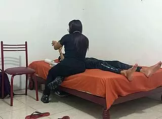 Capricious nurse treats patient by groping and flashing her big juicy natural tits.