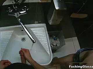 Teen in glasses gets wild orgasm in public restroom blowjob 😏