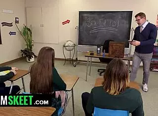 innocent student in uniform becomes classroom prop for teacher gangbang with blowjobs deepthroat fingering toys