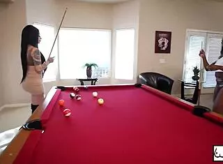 Kris Riot and Harmonie Marquis played the best pool game as lesbians, licking big natural tits and juicy pussy lips sensually.