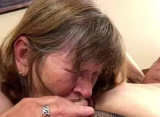 Granny Peggy Sue gives pov cocksucking deepthroating with cum in mouth close up. Bbw cougar swallows every drop.