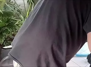 My shy stepsister lost her virginity to me in the bedroom with ponytail and natural tits. Meanwhile, my friend is masturbating outside in the garden watching us.