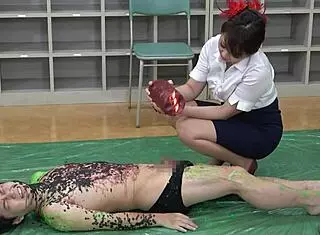 I feel so dominant as the female teacher playing with my student like a wax figure in the classroom.