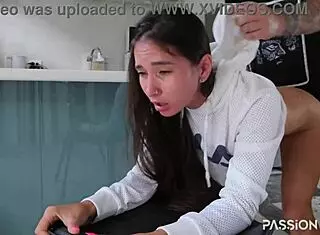 she gets her tight sweet pussy eaten out then roughly fucked in short version. includes deepthroat blowjob and doggystyle pounding on kitchen desk