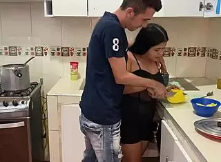 Curvy Babe Rides Big Cock in Kitchen Cowgirl Creampie While Stepmom Sits Nearby