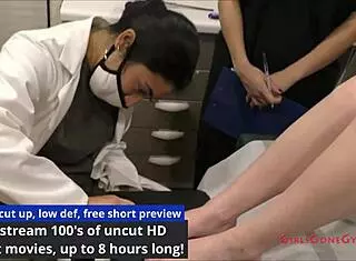 Dirty dermatologist Stacy Shepard fingers petite blonde patient's shaved pussy and ass in hospital with gloves and tickling