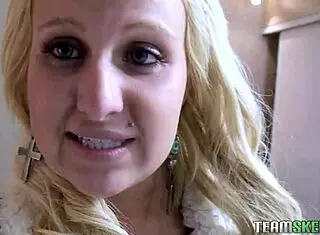 Shesnew blonde teen girlfriend gets fucked in homemade pov on bed with piercing and shaved details