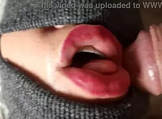 i feel so aroused giving this closeup blowjob with lipstick and tongue teasing his big black cock in homemade domination