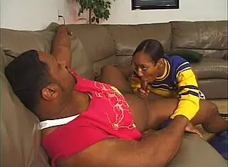 Hey, check out this ebony cheerleader riding and taking cum in mouth during hardcore sex.