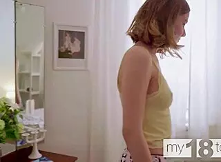 Skinny teen Lana Broks tries on various panties in My18teen video. Then she masturbates her tight pussy solo.