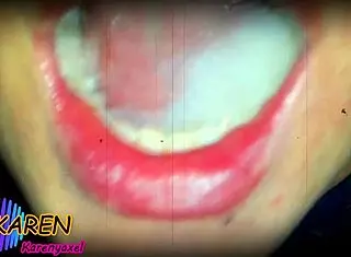 Karen teases with huge cumshot in mouth and jizz on tongue in slow motion.