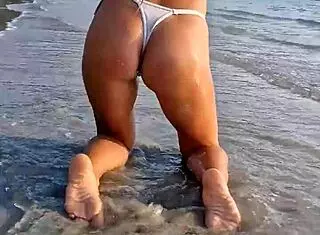 Beach Flashing in White Sexy Bikini for Neighbors and Photoshoot Fun!