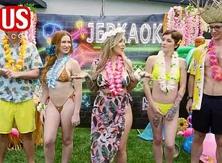 jerkaoke summertime orgy asks, who's joining madison morgan rosalyn sphinx for wild fucking blowjob action?